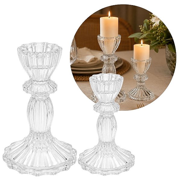 Jogo 2 Castiçal de Vidro Transparente Porta Velas Luxo Flor Star Tipo Cristal 16cm e 11cm - Tuut