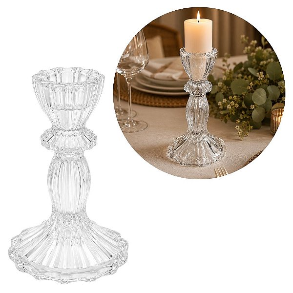 Castiçal de Vidro Transparente Porta Velas Luxo Flor Star Cristal 16cm x 8,5cm - Tuut