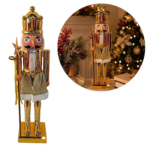 Quebra-Nozes Decorativo Natalino Dourado Luxo 38cm Articulado - Magizi