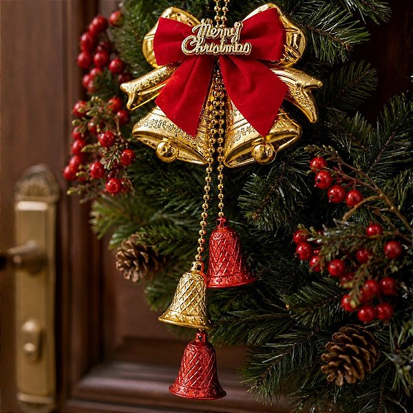Sino Duplo Pingente Decorativo Natal Laço Merry Christmas Vermelho e Dourado 20cm