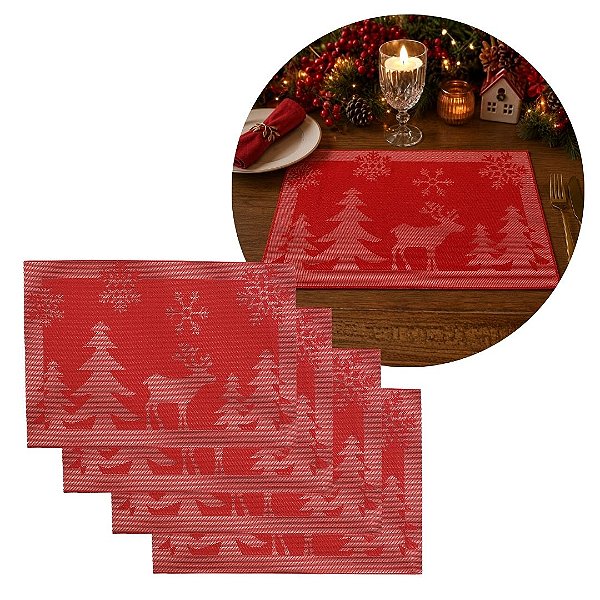 Jogo Americano Natalino PVC Vermelho Luxo 4 Peças Pinheiros e Rena 30x45cm - Magizi