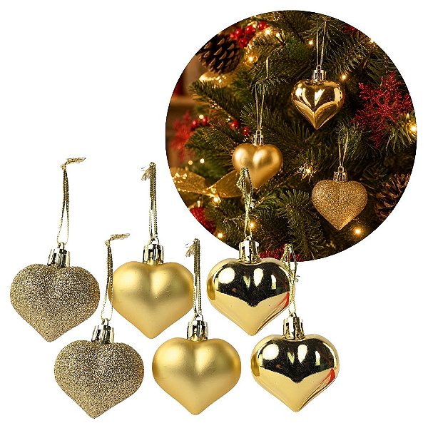 Kit Enfeites Natalinos para Árvore 6 Corações Decorativos Glitter Fosco e Brilho 4,5cm