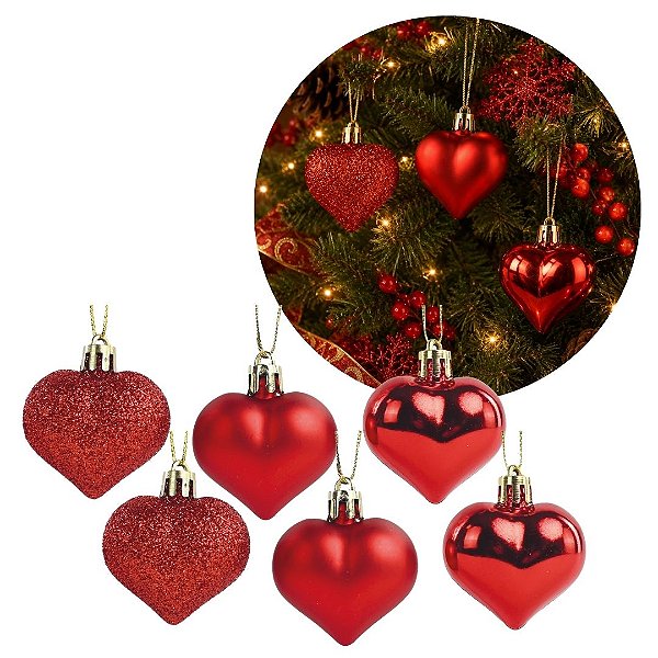 Kit 6 Pingentes Decorativos Coração Vermelho Enfeite para Árvore de Natal Glitter Fosco e Brilho 4,5cm