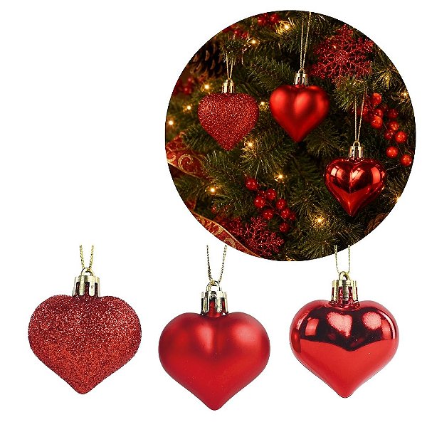 Kit 3 Pingentes Coração Vermelho Natal Enfeite para Árvore Decorativos Glitter Fosco e Brilho 4,5cm