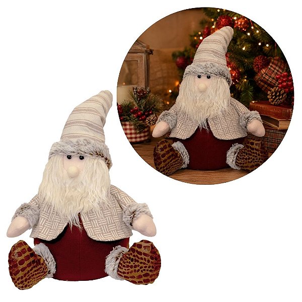 Papai Noel Decorativo Sentado Alpino Pelúcia Bege e Vinho Bordô Luxo 35cm - Magizi