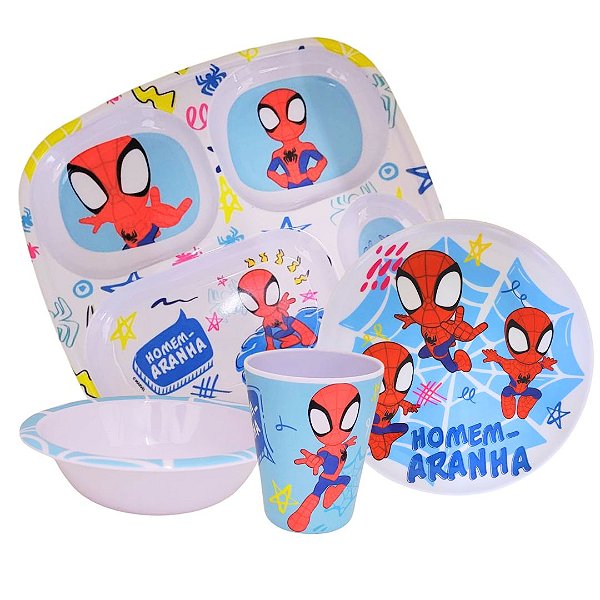 Conjunto Refeição Infantil Homem-Aranha Melamina 4 Peças Copo, Prato Divisória, Prato Raso e Tigela - Tuut