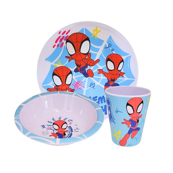 Conjunto Refeição Infantil Homem-Aranha Melamina 3 Peças Oficial Copo, Prato e Tigela - Tuut