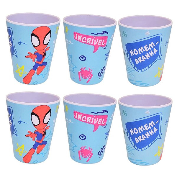 Kit 6 Copos Infantil Homem-Aranha Melamina Reforçada 300ml Licenciado - Tuut