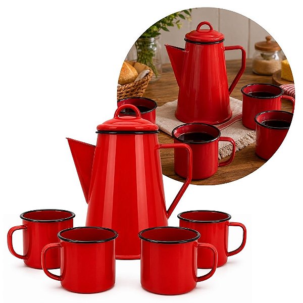 Jogo Bule Leiteira Esmaltada Vermelha 1,2 Litros e 4 Canecas 350ml - Yazi