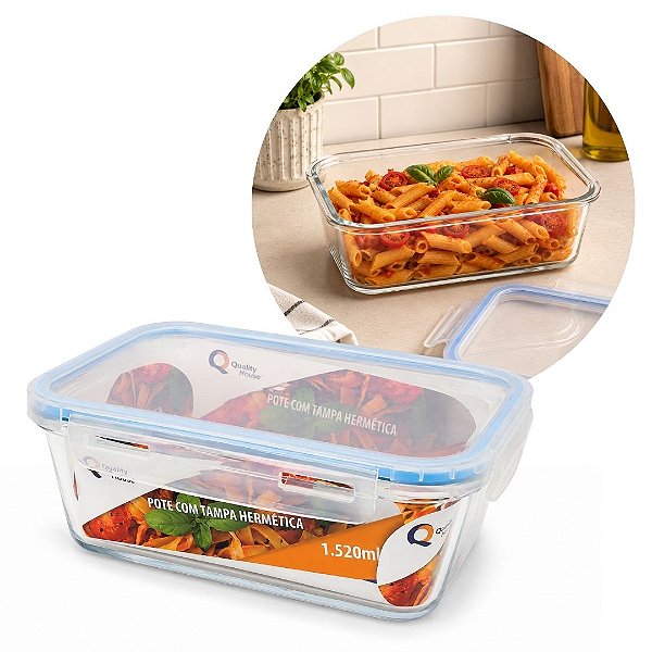 Pote Hermético de Vidro Borossilicato Retangular 1520ml com 4 Travas - Quality House