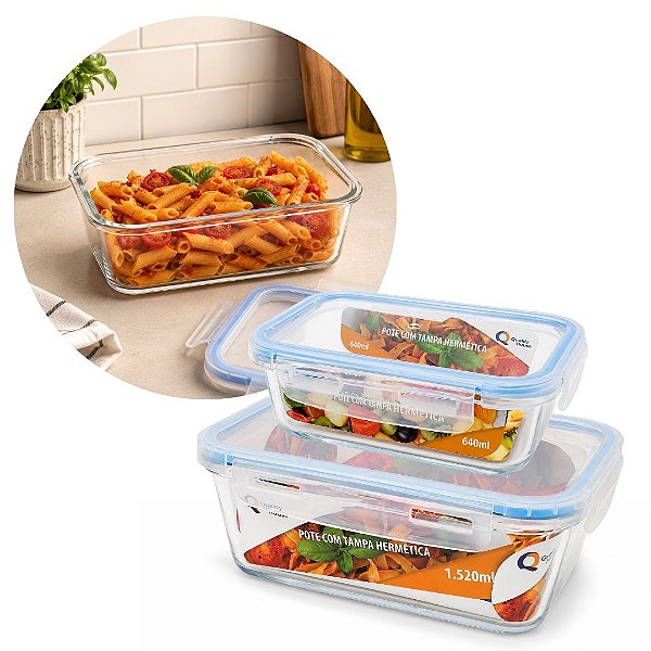 Kit 2 Potes Hermético de Vidro Borossilicato Retangular 1520ml e 640ml - Quality House