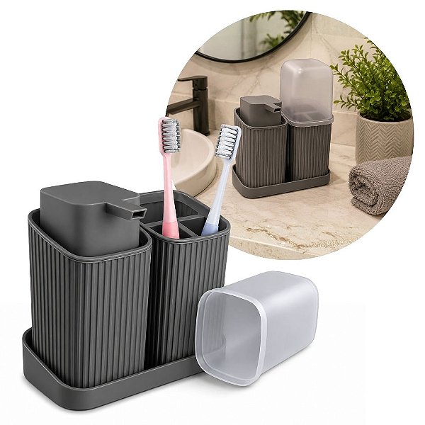 Kit Duo Banheiro 3 Peças Canelado Cinza Prime Porta Sabonete Líquido, Porta Escovas com Tampa e Bandeja