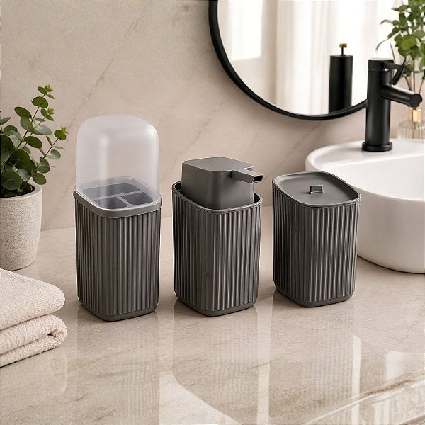 Conjunto para Lavabo Pia Banheiro Cinza Canelado Premium Porta Sabonete, Porta Escovas e Porta Algodão