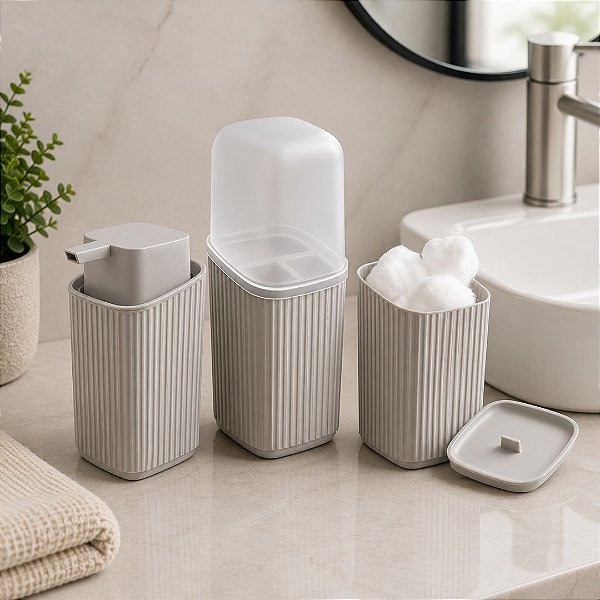 Conjunto para Banheiro Cinza Claro Canelado Premium Porta Sabonete, Porta Escovas e Porta Cotonetes