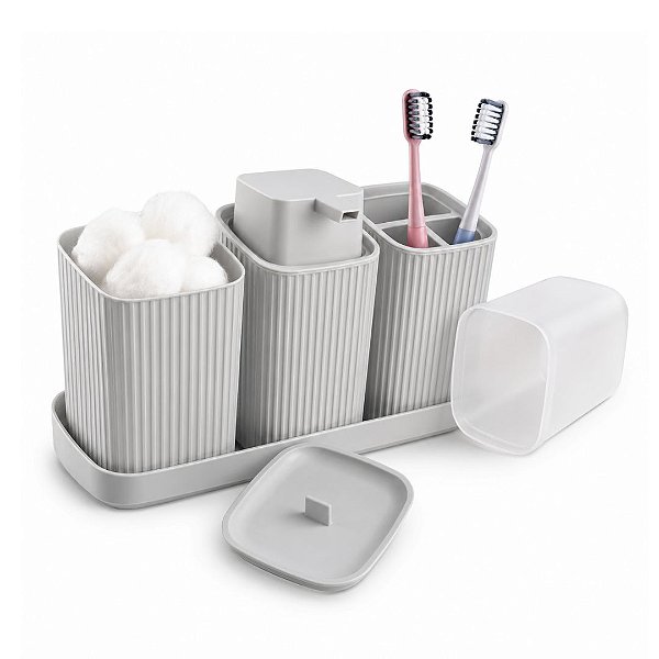 Kit 4 Peças Organizador para Banheiro Porta Sabonete, Porta Escovas, Porta Algodão e Bandeja Canelado Cinza Claro