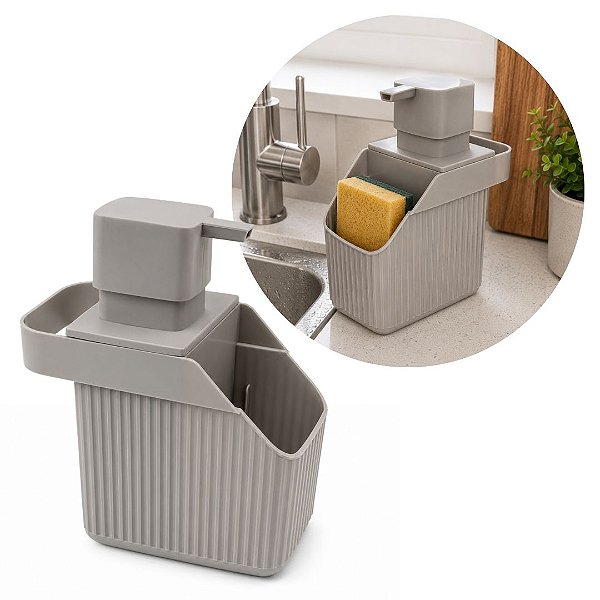 Dispenser Porta Detergente com Porta Esponja para Pia Cozinha Cinza Canelado Prime