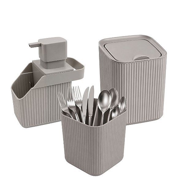 Kit Organizador para Pia de Cozinha 3 Peças Cinza Canelado Prime Porta Detergente, Escorredor de Talheres e Lixeira