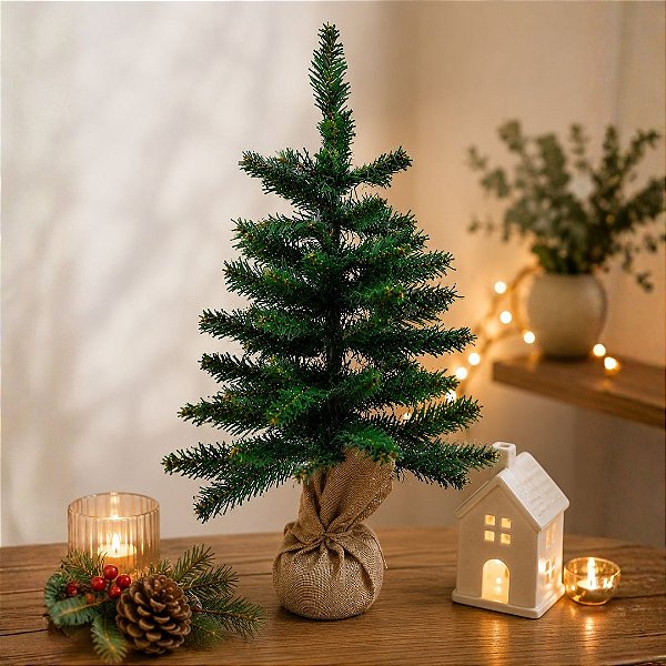 Pinheiro de Natal 60cm Luxo Verde com Base Rústica em Saco de Juta 60 Galhos - Mundial Casa