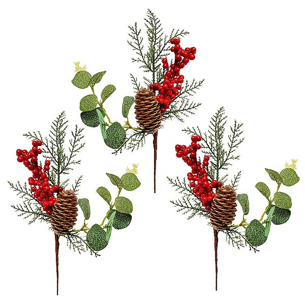 Kit 3 Pick Natalino Azevinho Vermelho com Pinha Nevada e Folhagens Verdes Decorativo 16cm