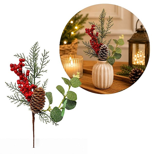 Pick Natalino Azevinho Vermelho com Pinha Nevada e Folhagens Verdes Decorativo 16cm