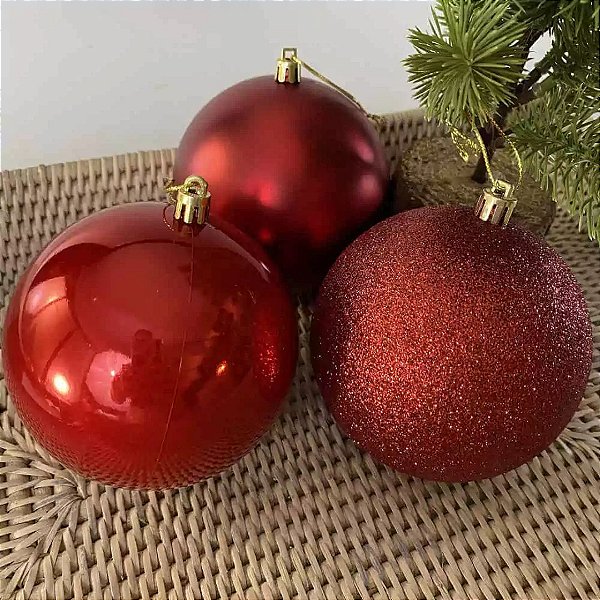 Kit 6 Bolas Natal 10cm Vermelho Mistas Glitter, Fosca e Lisa Grande - Mundial Casa