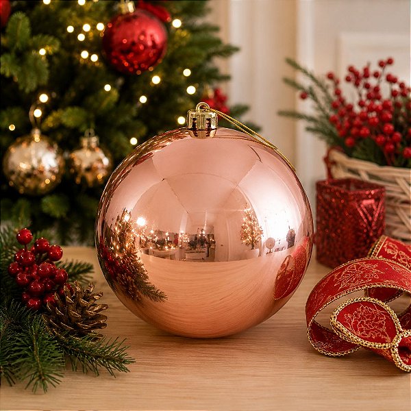 Bola de Natal Gigante 20cm Rosê Lisa Brilho Espelhado Prime - Mundial Casa