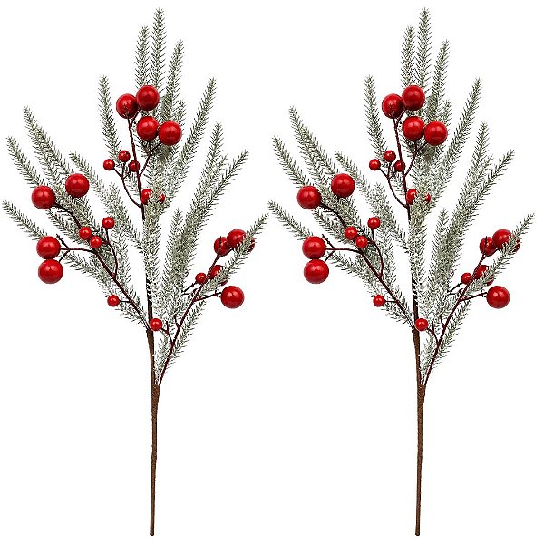 Jogo 2 Galhos Decorativo Natalino Pinheiro Nevado com Azevinhos Vermelhos Luxo 65cm - Mundial Casa