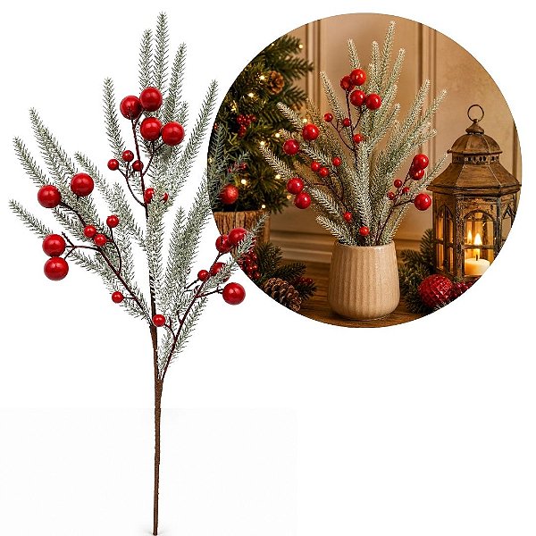 Galho Decorativo Natalino Pinheiro Nevado com Azevinhos Vermelhos Luxo 65cm - Mundial Casa