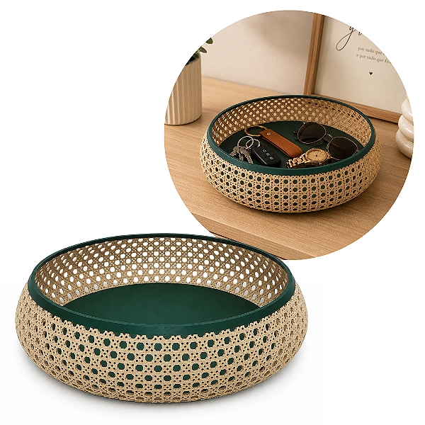 Bandeja Porta Objetos Multiuso Redondo Porta Treco Rústico Design Palhinha Treliça Rattan Sintético Prime 23cm - Mundial