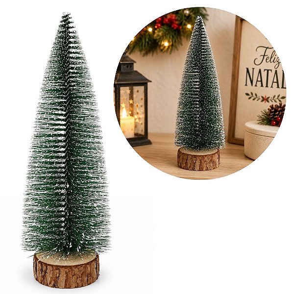 Pinheiro Decorativo de Mesa Natalino Nevado com Base em Tronco 32cm - Mundial Casa