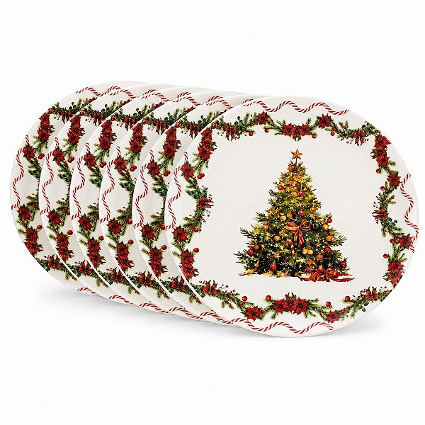 Jogo 6 Pratos de Jantar Natalino em Melamina 27,5cm Árvore de Natal e Bico de Papagaio - Magizi