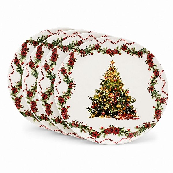 Jogo 4 Pratos de Jantar Natalino em Melamina 27,5cm Árvore de Natal e Bico de Papagaio - Magizi