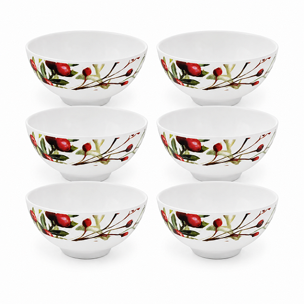 Kit 6 Tigelas Bowl Natalina em Melamina 300ml Folhagens e Azevinhos - Magizi