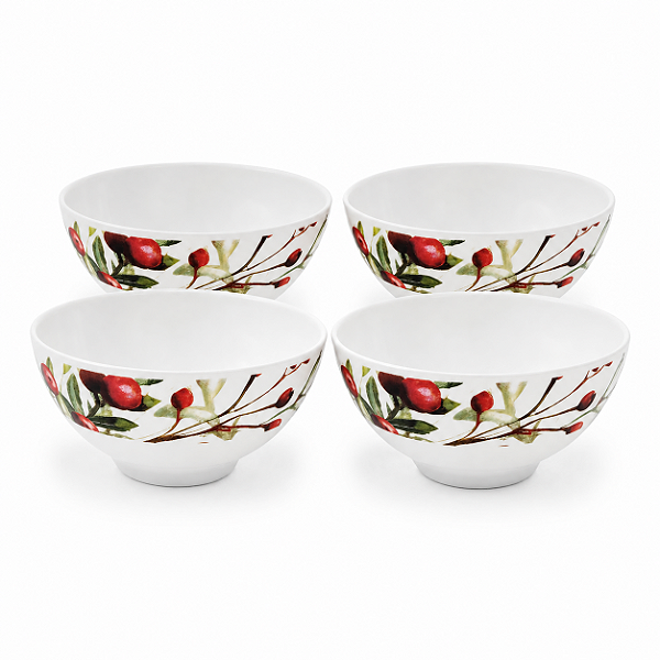 Kit 4 Tigelas Bowl Natalina em Melamina 300ml Folhagens e Azevinhos - Magizi