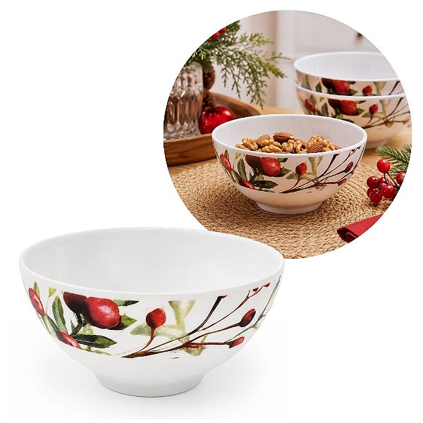 Tigela Bowl Natalina em Melamina 300ml Folhagens e Azevinhos - Magizi