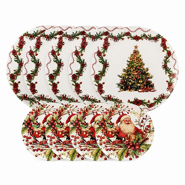 Jogo 4 Pratos de Jantar e 4 Pratos de Sobremesa Natalino Melamina Papai Noel - Magizi