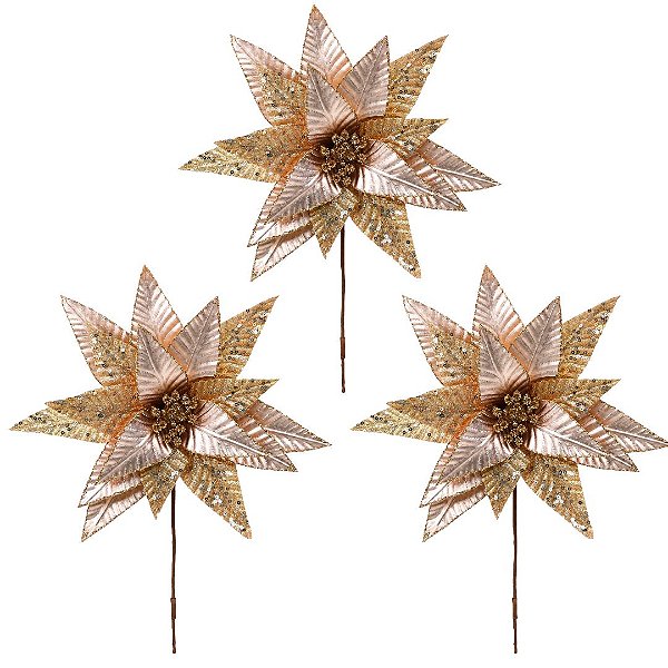 Kit 3 Flores Bico de Papagaio Pick Natal Luxo Rosê Gold Tecido Frisado Glitter e Lantejoulas 28cm