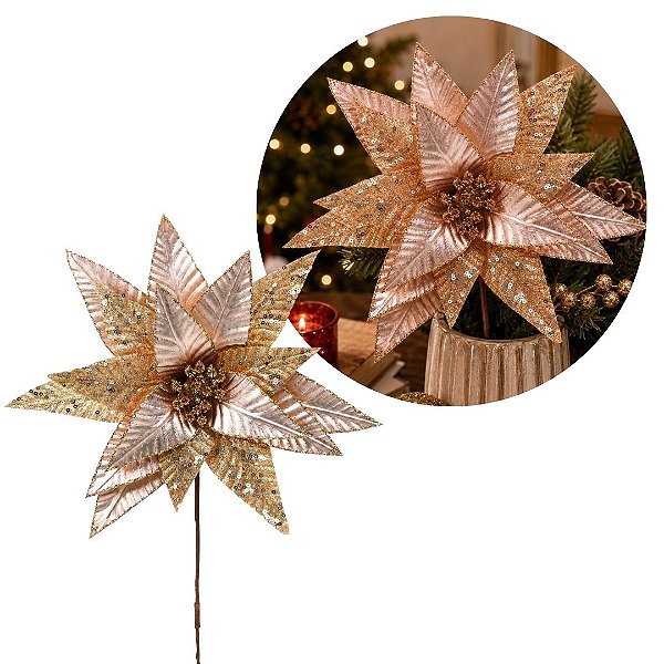 Flor Bico de Papagaio Pick Natal Luxo Rosê Gold Tecido Frisado Glitter e Lantejoulas 28cm
