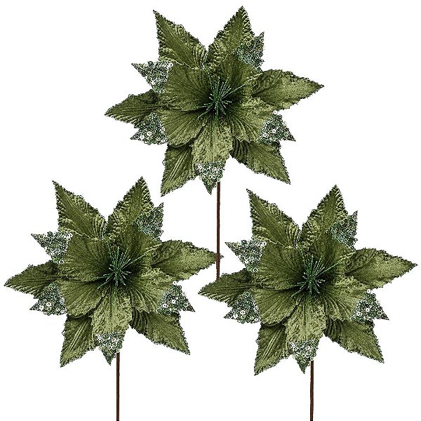 Kit 3 Flores Bico de Papagaio Natalina Pick Veludo Verde Pistache Luxo  Glitter e Lantejoulas 30x30cm