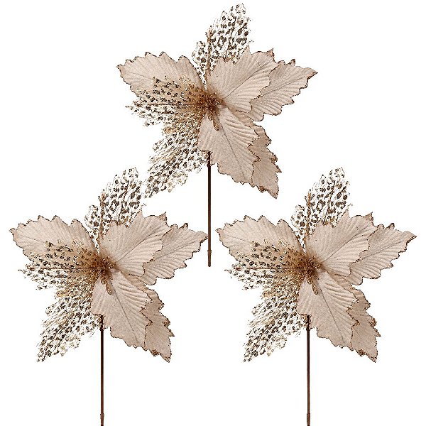 Kit 3 Flores Bico de Papagaio Natalina Luxo Champanhe Tecido Frisado Glitter 33x33cm Pick Decorativo
