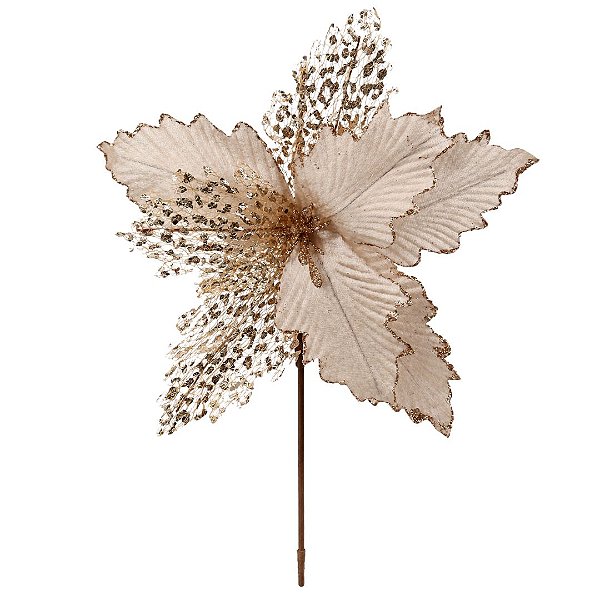 Flor Bico de Papagaio Natalina Luxo Champanhe Tecido Frisado Glitter 33x33cm Pick Decorativo