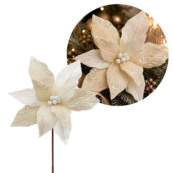 Flor Bico de Papagaio Natalina Luxo Branco Cristal e Creme Tecido Frisado Lantejoulas Furta-Cor 36cm Pick Decorativo