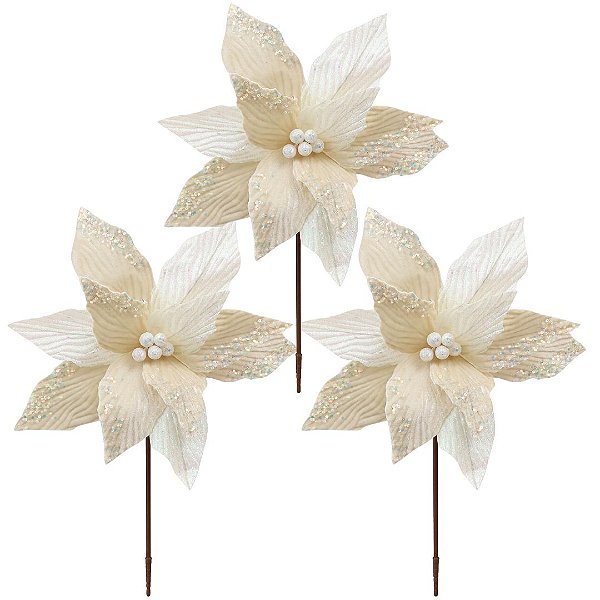 Kit 3 Flores Bico de Papagaio Natalina Luxo Branco Cristal e Creme Tecido Frisado Lantejoulas Furta-Cor 36cm