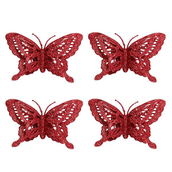 Kit 4 Borboletas Natalinas Vermelhas Acetinadas com Glitter Vazado 14x9cm com Presilha
