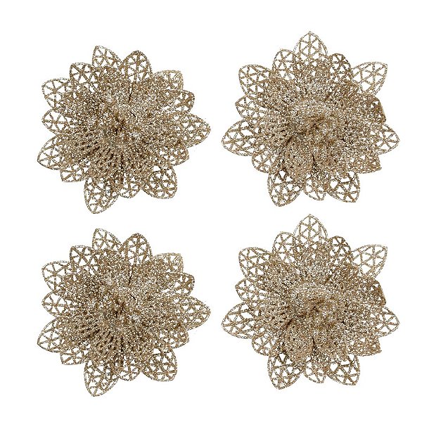 Kit 4 Flores Bico de Papagaio Natalina Champanhe 10cm Acetinada Glitter Vazado com Presilha