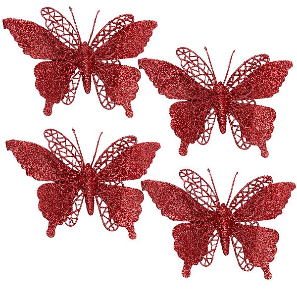 Jogo 4 Borboletas Vermelho Glitter 12x18cm Enfeite Natal com Presilha