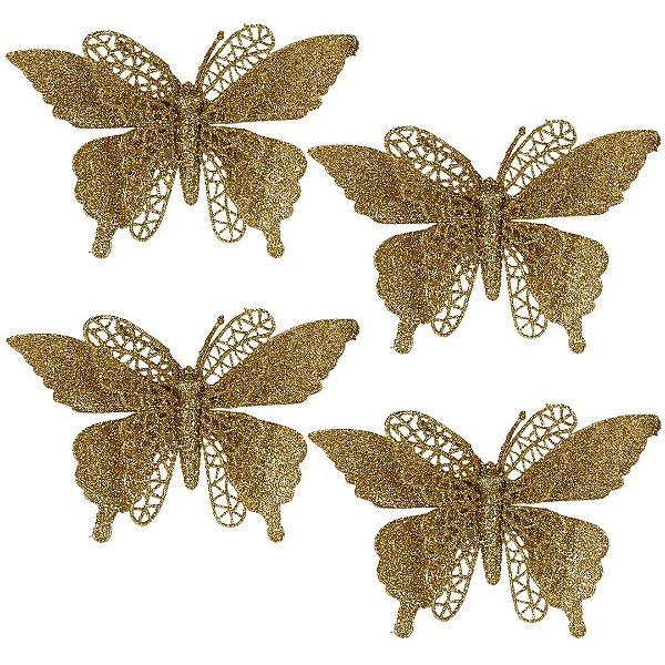 Kit 4 Borboletas Natalinas Dourado Acetinadas Glitter Vazado 18x12cm com Presilha