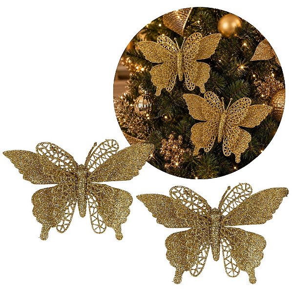 Kit 2 Borboletas Natalinas Dourado Acetinadas Glitter Vazado 18x12cm com Presilha
