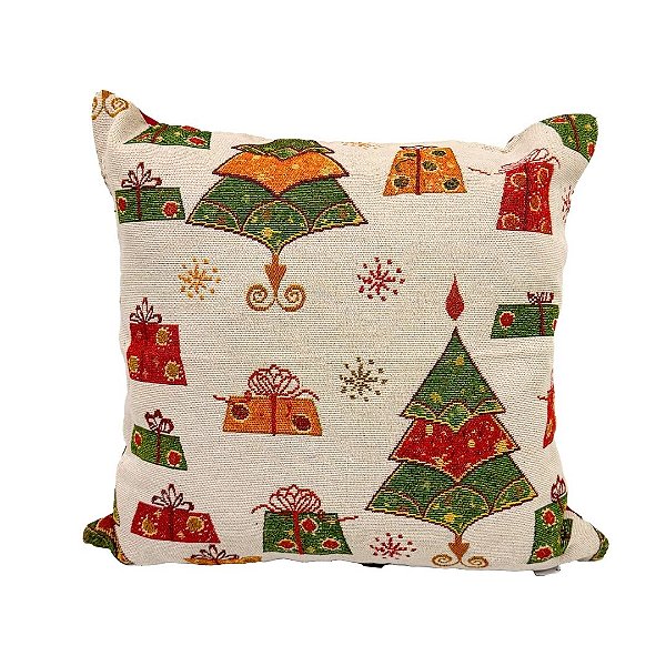 Almofada Natalina Gobelin Pinheiros e Presentes 45x45cm Premium com Enchimento - Magizi