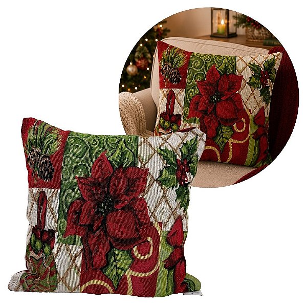 Capa de Almofada Natalina Gobelin Bico de Papagaio e Pinhas 45x45cm com Zíper - Magizi
